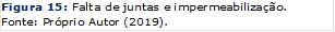 Figura 15: Falta de juntas e impermeabilização.
Fonte: Próprio Autor (2019).
