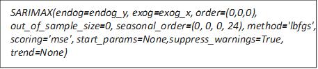 SARIMAX(endog=endog_y, exog=exog_x, order=(0,0,0), out_of_sample_size=0, seasonal_order=(0, 0, 0, 24), method='lbfgs', scoring='mse', start_params=None,suppress_warnings=True, trend=None)

